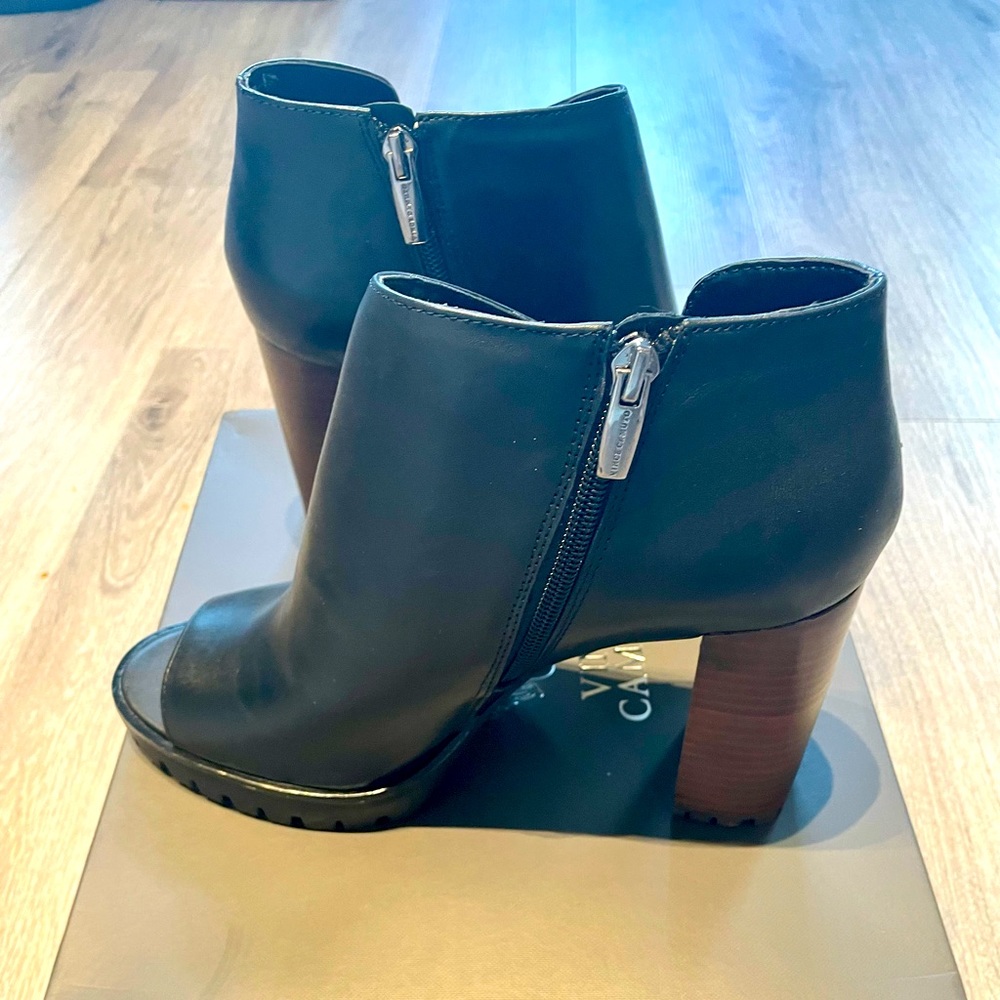 Vince Camuto Hevana Leather Black Block Heel Peep Toe Booties